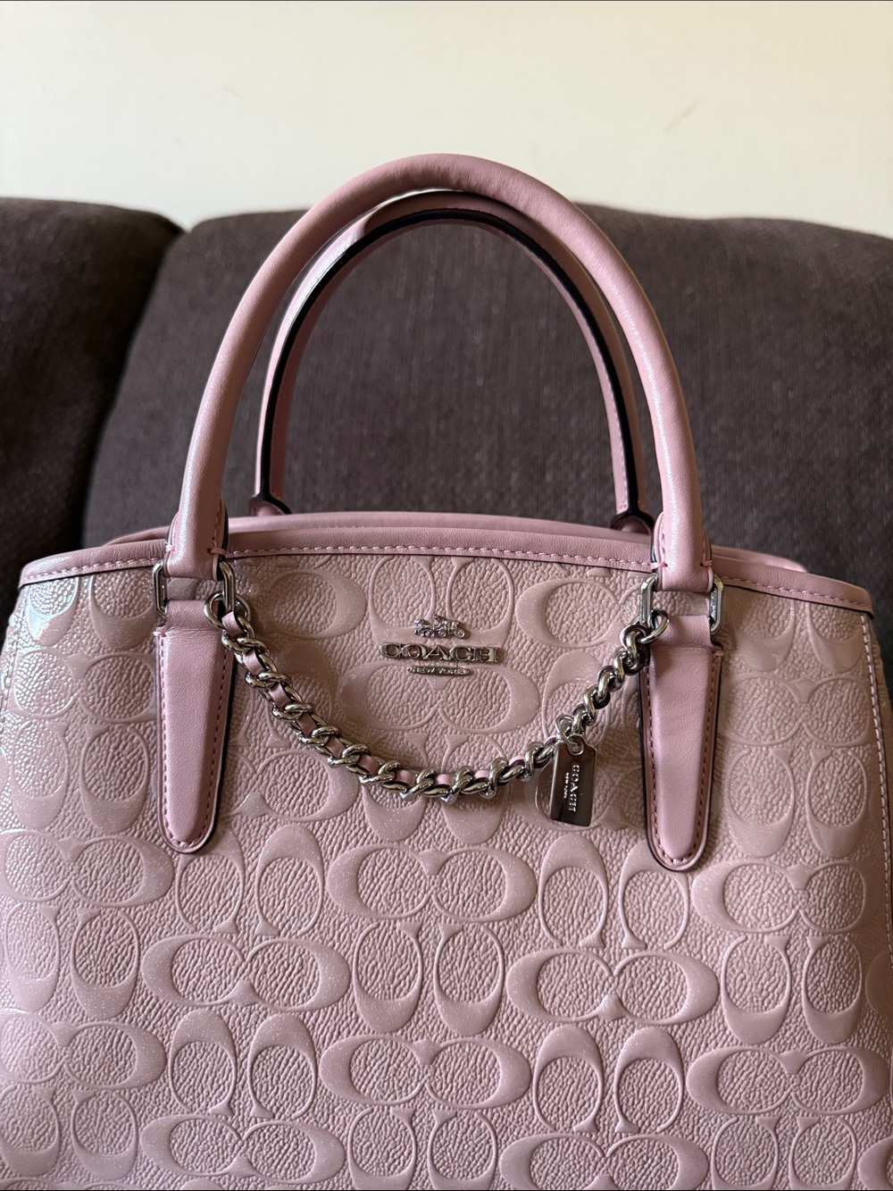 COACH Signature Logo Patent Leather Silver-Tone Margot Blush Pink Carryall Bag - Picture 2 of 15